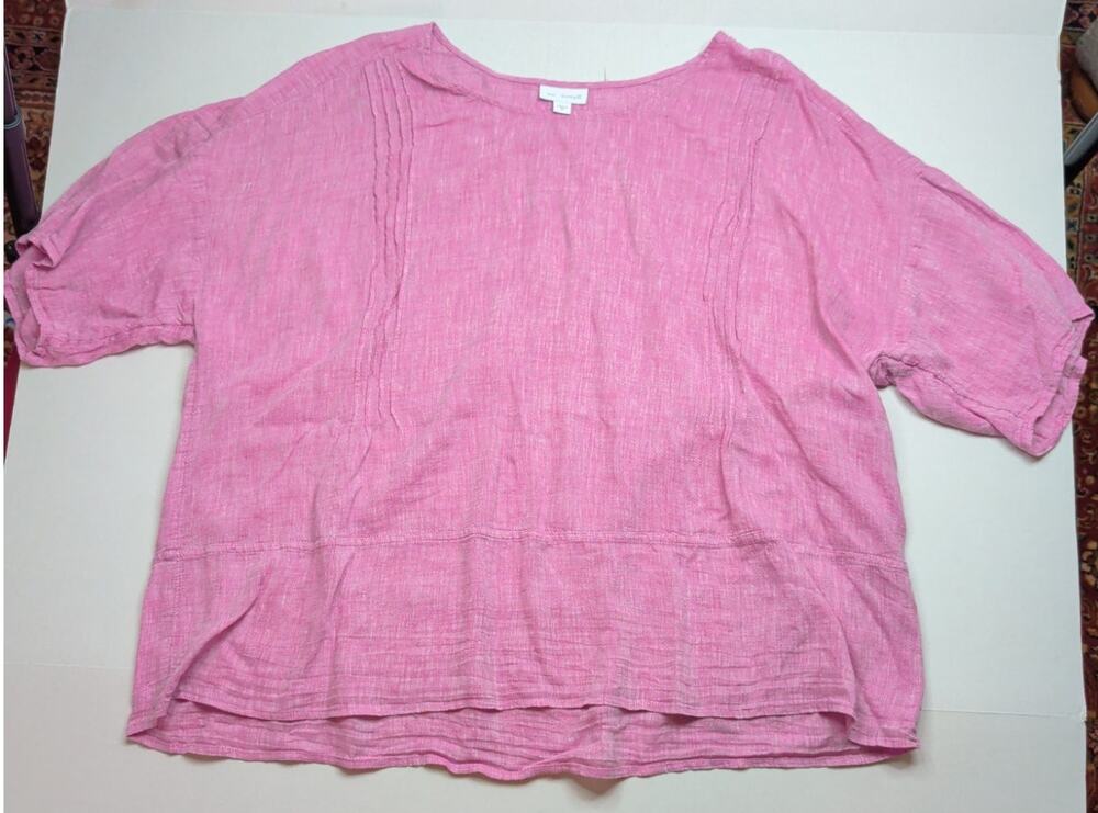 Pure Jill Linen Short Sleeve Pintuck Top Blouse Pink XL Lagenlook Resort Causal